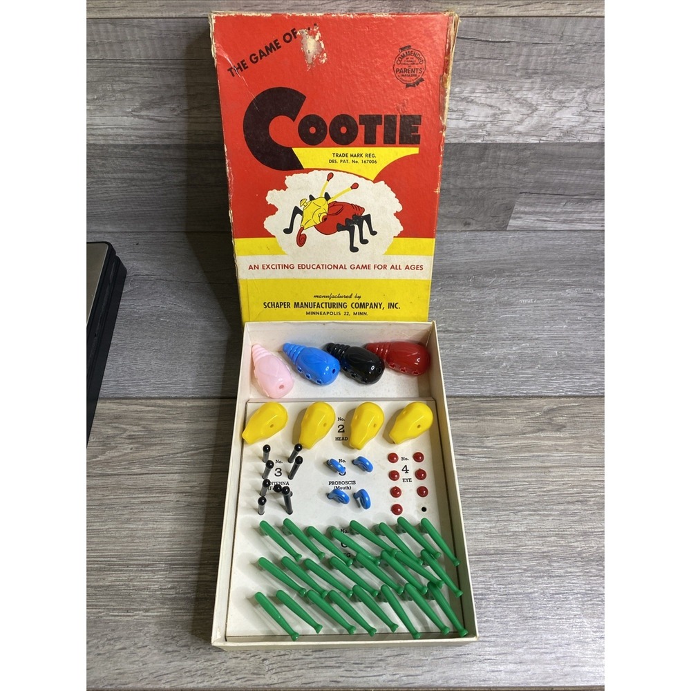 Vintage 1949 The Game of Cootie‎ Build A Bug Original Box Missing Dice And 1 eye